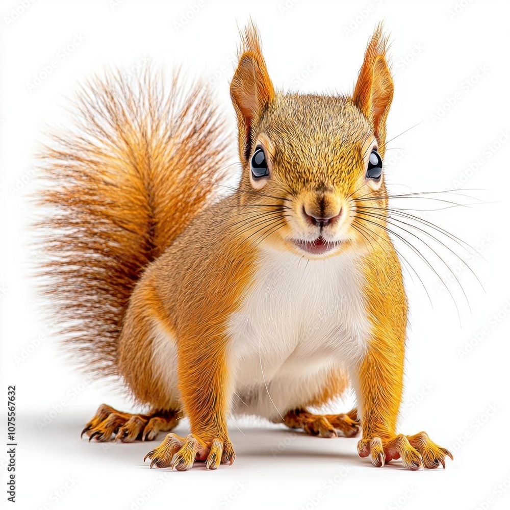 Obraz premium A photostock of a curious squirrel with a bushy tail, perfect for wildlife or nature themes, isolated on white background, High Quality