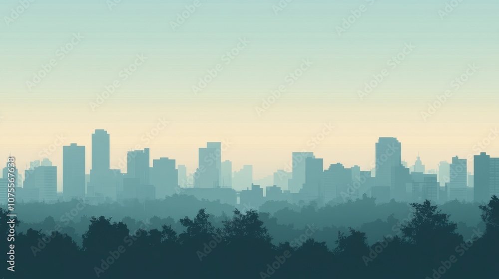 Fototapeta premium Serene City Skyline with Lush Forest Background