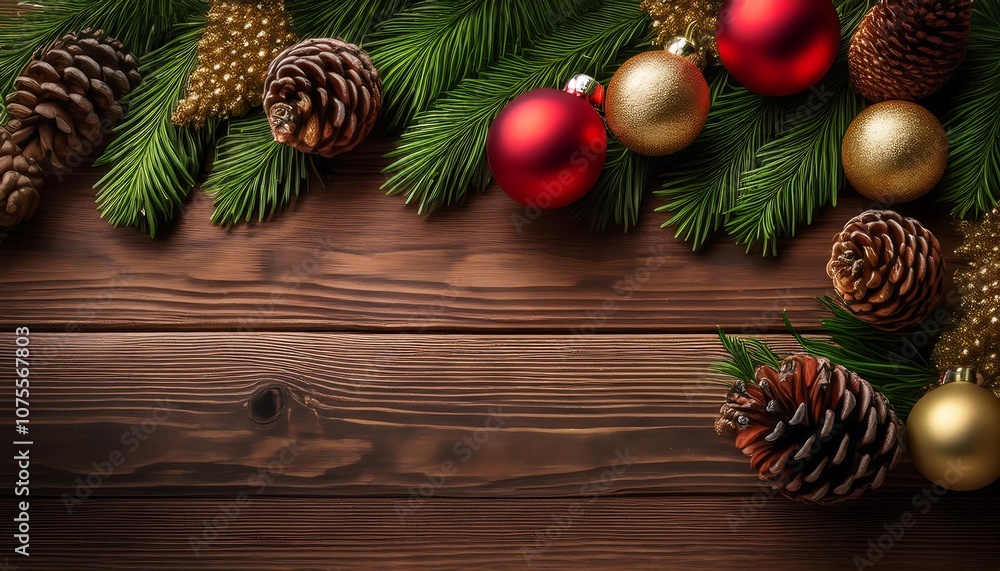 Fototapeta premium A festive holiday scene features lush greenery with vibrant red and gold ornaments and pine_1(240)