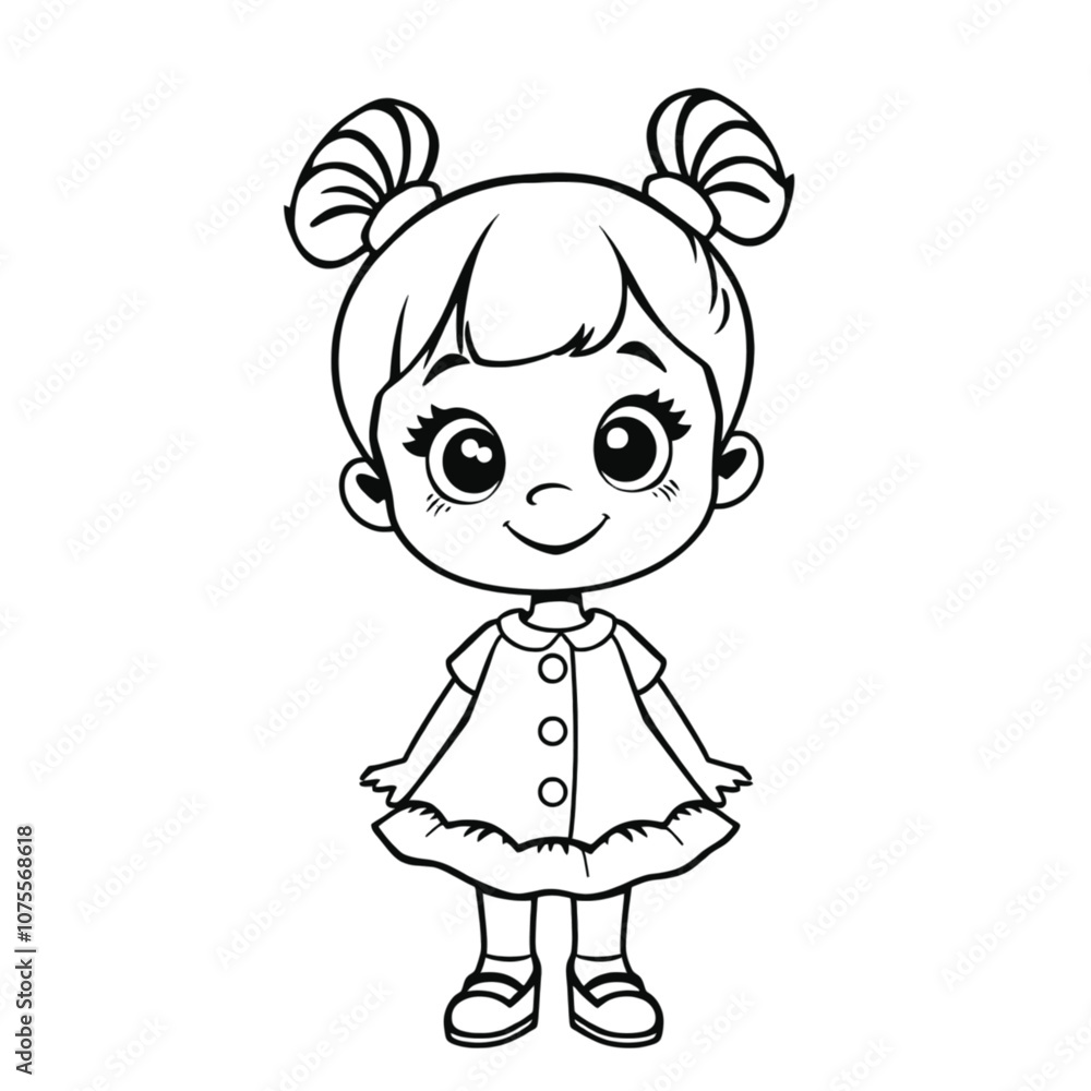 a black and white line drawing of a cartoon girl. She has two large round eyes, a black and white line drawing of a cartoon girl. She has two large round eyes,