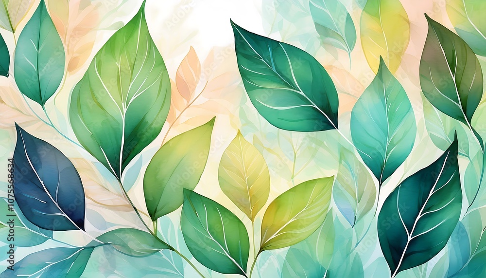 A delicate transparent leaf background features watercolor leaves in various greens, set ag_1(179) A delicate transparent leaf background features watercolor leaves in various greens, set ag_1(179)