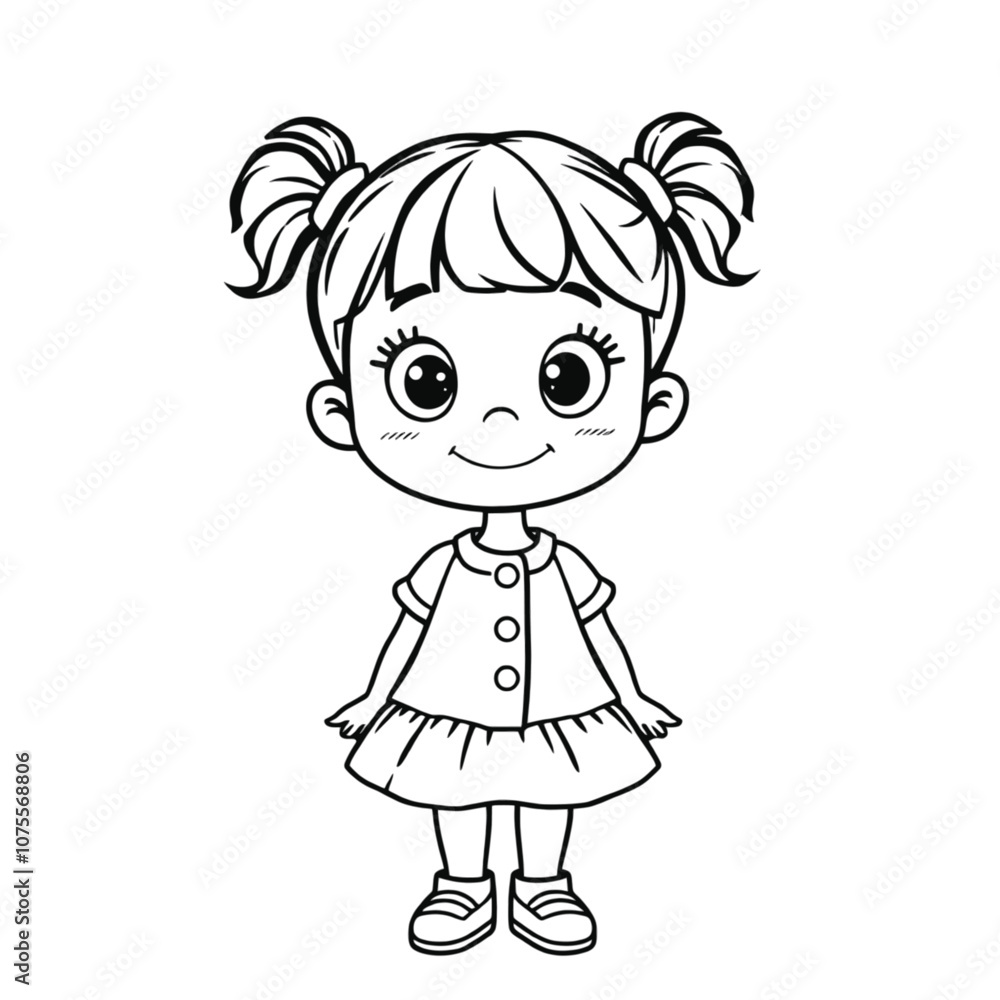 a black and white line drawing of a cartoon girl. She has two large round eyes, a black and white line drawing of a cartoon girl. She has two large round eyes,