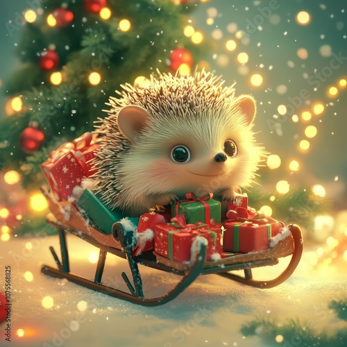 Cute little hedgehog sitting on Christmas sleigh with gifts,  photo