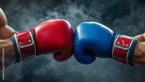 Red and blue boxing gloves in close-up, symbolizing competition, strength, and sports rivalry in boxing