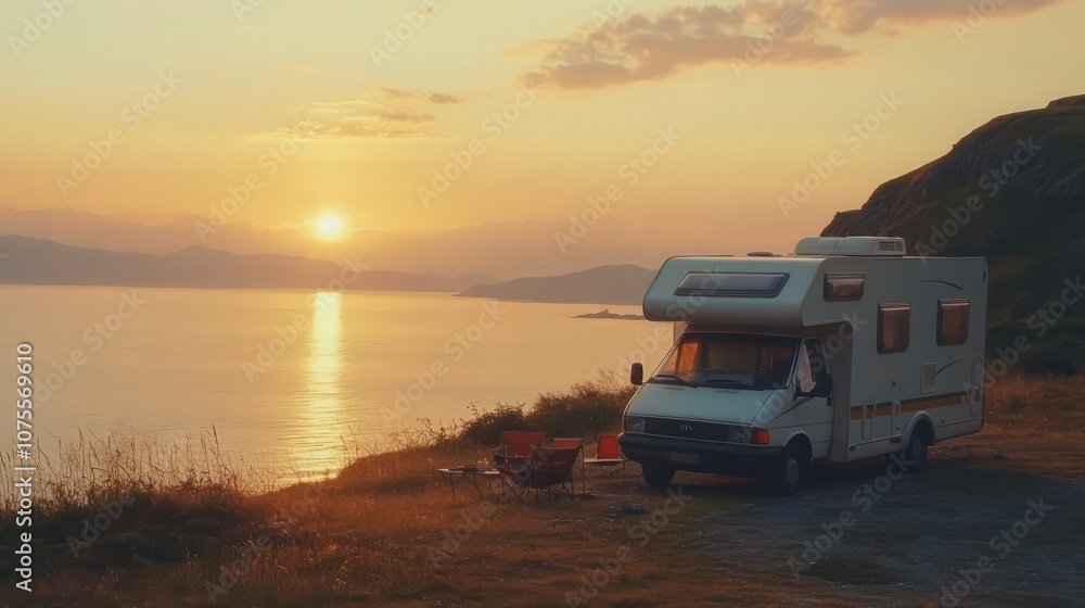 Sunset RV Camping: Serene coastal sunset view with a campervan parked by the sea, idyllic camping scene. Perfect for travel, adventure, and wanderlust themes. Sunset RV Camping: Serene coastal sunset view with a campervan parked by the sea, idyllic camping scene. Perfect for travel, adventure, and wanderlust themes.