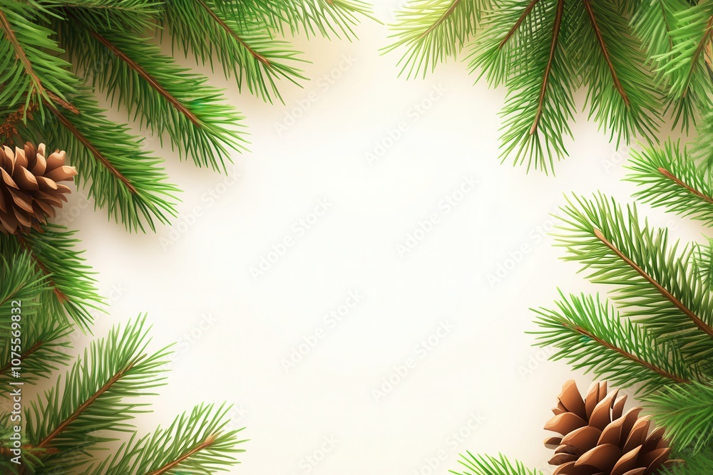 Festive pine branches with cones border on white background Festive pine branches with cones border on white background