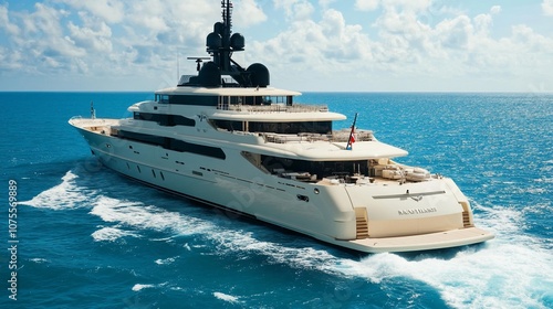 A large, white yacht sails on a calm ocean with blue skies and fluffy white clouds.