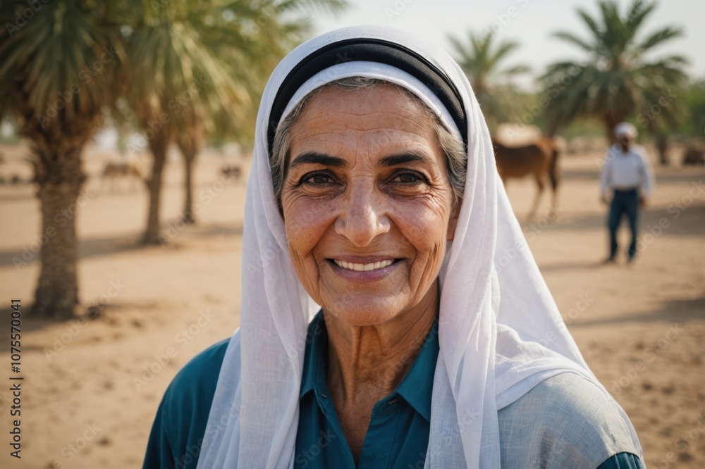 Close portrait of a smiling senior Kuwaiti female farmer standing and looking at the camera, outdoors Kuwaiti rural blurred background Close portrait of a smiling senior Kuwaiti female farmer standing and looking at the camera, outdoors Kuwaiti rural blurred background