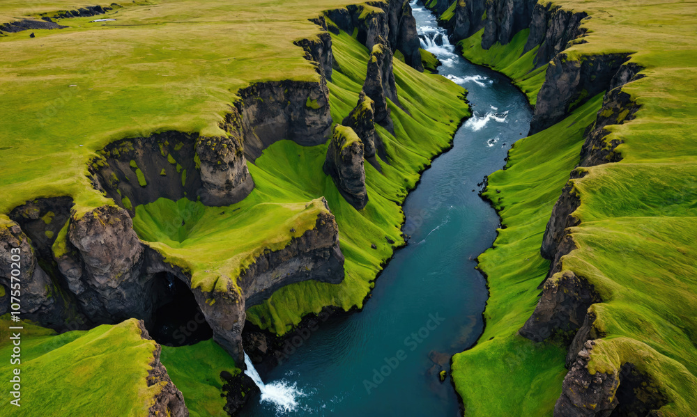 An aerial view of a river winding through a green canyon in Iceland An aerial view of a river winding through a green canyon in Iceland