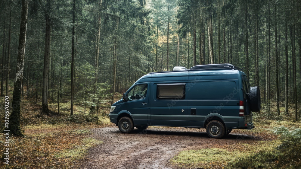 Van Life Escape: Teal Campervan parked on a forest path. Adventure awaits in the tranquil woods. Van Life Escape: Teal Campervan parked on a forest path. Adventure awaits in the tranquil woods.