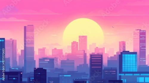 Vibrant Sunset Over City Skyline in Digital Style