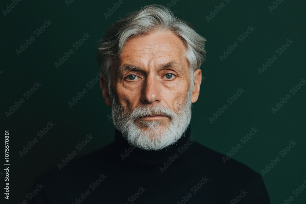 Portrait of Mature Man with Gray Beard on Dark Green Background, Intense Expression Portrait of Mature Man with Gray Beard on Dark Green Background, Intense Expression