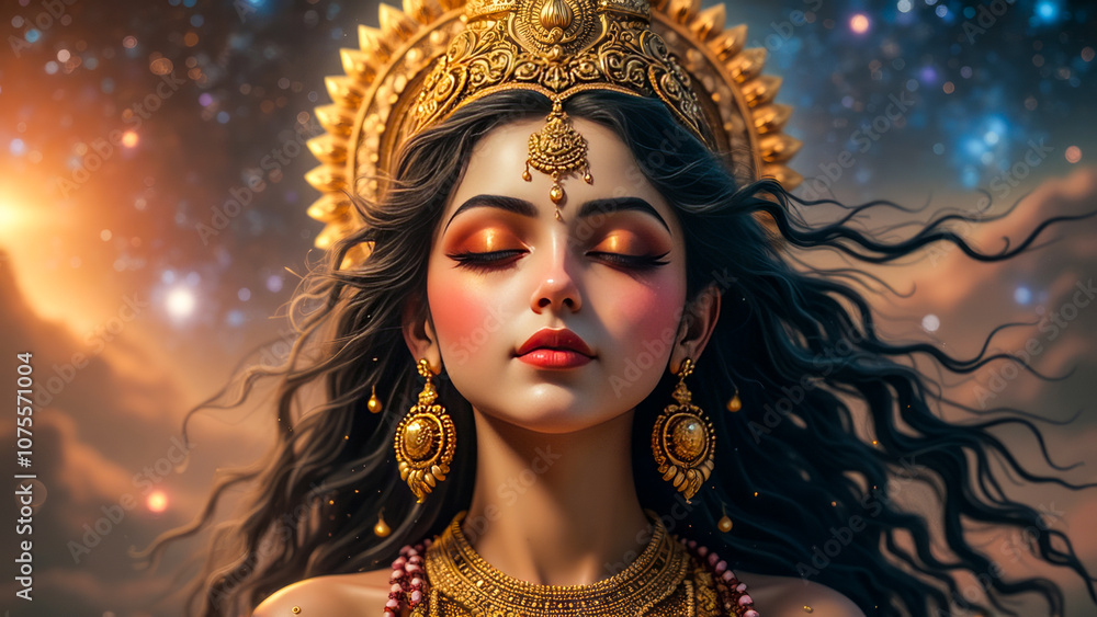 Digital artwork of a goddess with an elaborate crown, representing strength, grace, and spiritual beauty Digital artwork of a goddess with an elaborate crown, representing strength, grace, and spiritual beauty