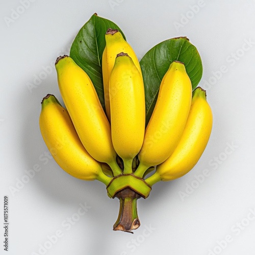 A photostock of a fresh, ripe banana bunch, vibrant and yellow, suitable for healthy eating or fruit themes, isolated on white background, High Quality photo