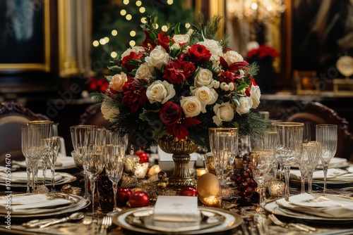 festive table decor, holiday tablescape with stunning floral arrangement and space for greetings to create a warm and welcoming setting