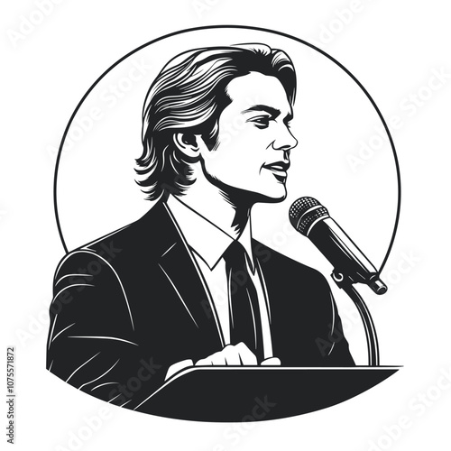 vector man with long hair and suit speaks on podium, speaks into microphone.Generative AI