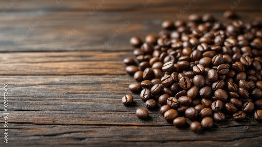 Heap of Coffee Beans on Rustic Wooden Table Heap of Coffee Beans on Rustic Wooden Table
