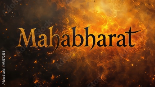 Mahabharat epic text with fiery background, dramatic typography representing ancient Indian mythology and cultural heritage