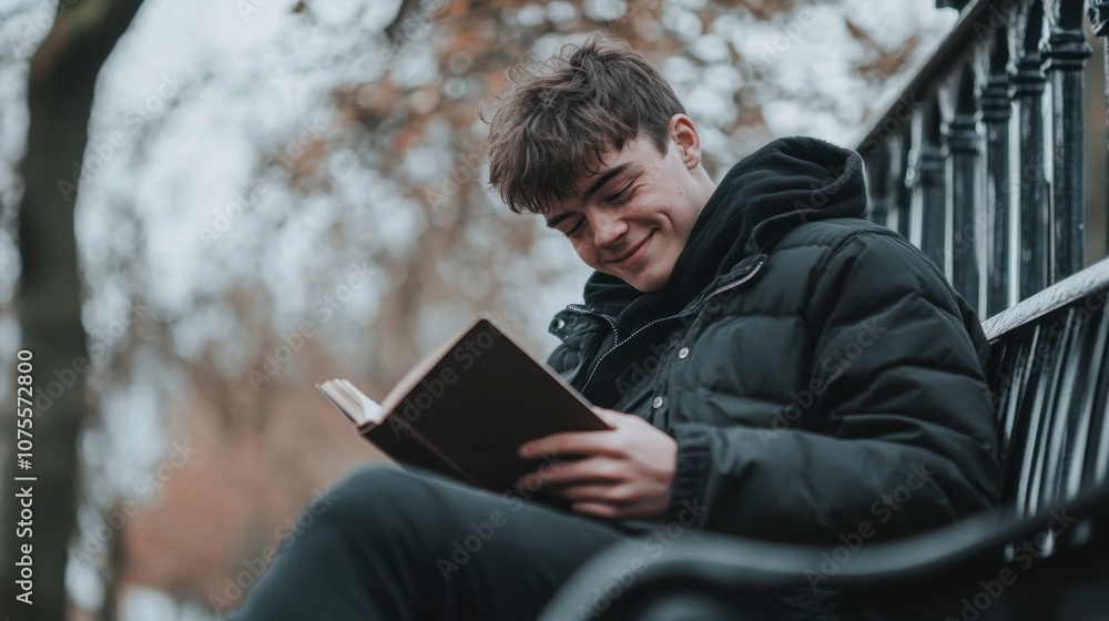 Young Man Enjoying a Book in a Park Setting Young Man Enjoying a Book in a Park Setting