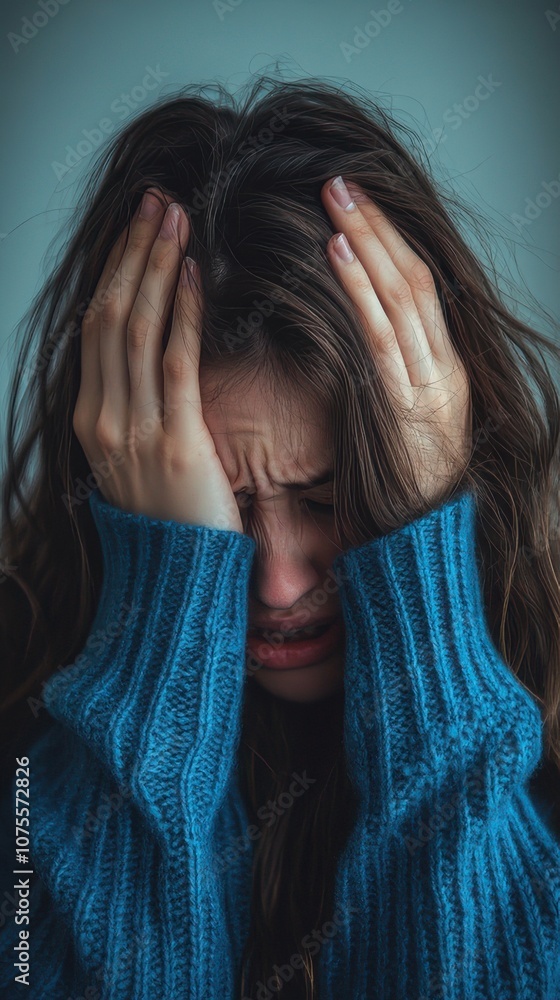 A young woman appears stressed and overwhelmed, with her hands covering her head, expressing frustration or anxiety. A young woman appears stressed and overwhelmed, with her hands covering her head, expressing frustration or anxiety.