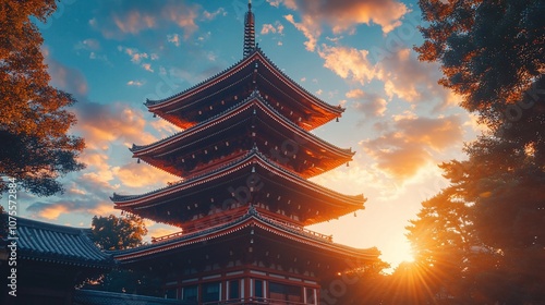 Pagoda silhouette at sunset, with clouds and trees.