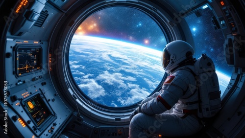 Astronaut gazing at Earth from spaceship window, futuristic space exploration and observation, deep space travel concept with cosmic view, universe and interstellar journey