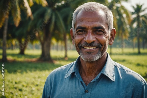 Close portrait of a smiling senior Maldivian male farmer standing and looking at the camera, outdoors Maldivian rural blurred background photo