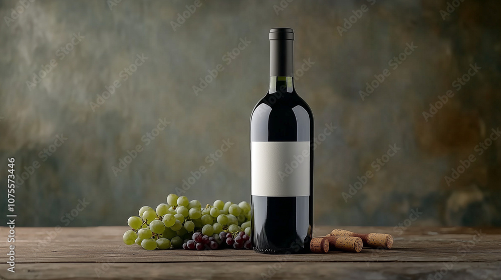 Fototapeta premium Bottle of Wine on Rustic Table with Grapes and Corks