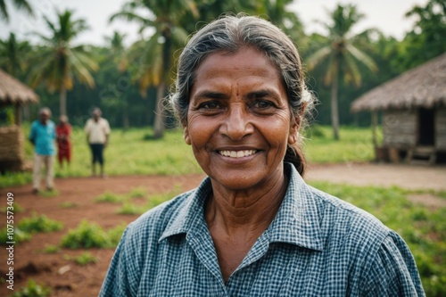 Close portrait of a smiling senior Maldivian female farmer standing and looking at the camera, outdoors Maldivian rural blurred background