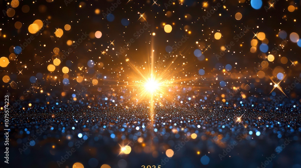 Naklejka premium A bright golden star shines in the dark, surrounded by glittering sparkles. The year 2025 is written below.