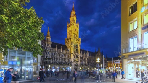 Munich Marienplazt Old Town Square with New Town Hall day to night transition timelapse hyperlapse. Neues Rathaus and Town Hall Clock Tower Glockenspiel. Munich skyline, downtown 4K Bavaria, Germany photo