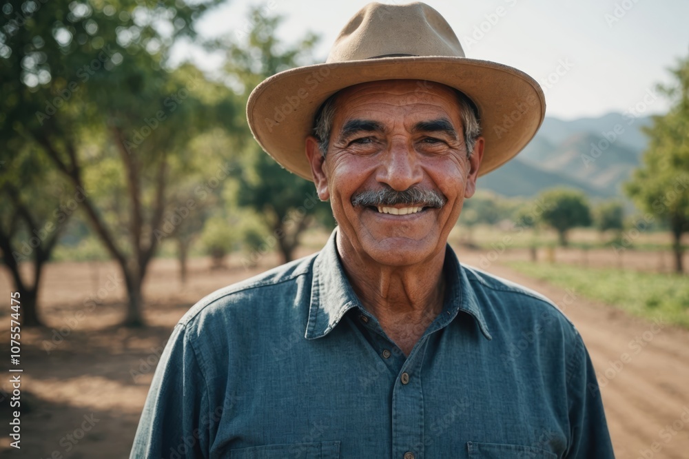 Fototapeta premium Close portrait of a smiling senior Mexican male farmer standing and looking at the camera, outdoors Mexican rural blurred background