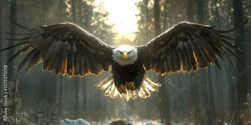 custom made wallpaper toronto digitalA Majestic Eagle Soars Through a Sunlit Forest During Early Morning, Showcasing Its Impressive Wingspan as It Hunts for Prey in a Natural Habitat