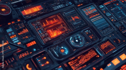 An illustration of various tech processes, including data analysis and machine learning, displayed on a digital dashboard