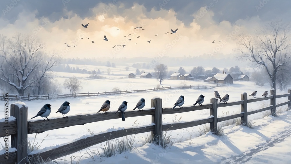 Fototapeta premium Flock of birds perched on wooden fence in snowy rural landscape at sunset