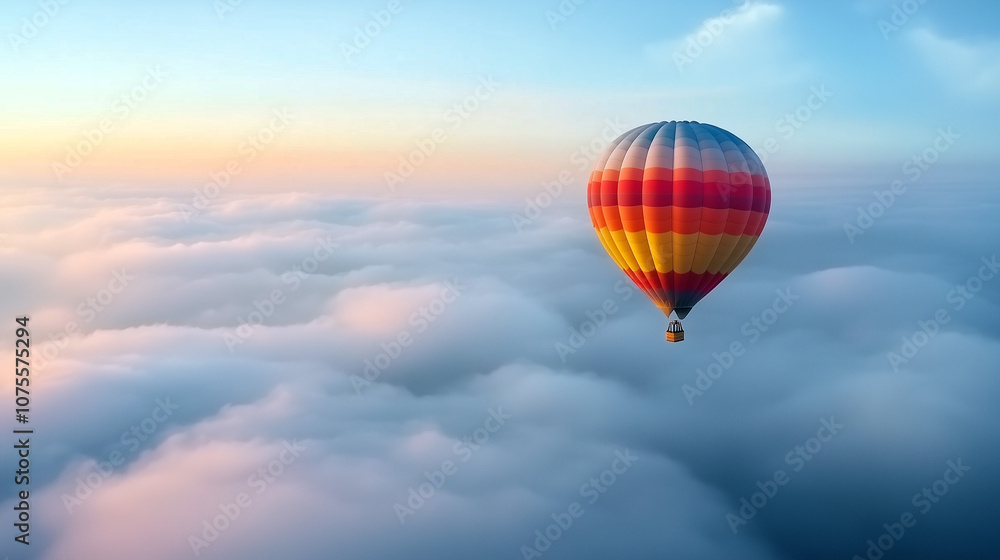 Fototapeta premium Aerial View of Hot Air Balloon in Clear Blue Sky