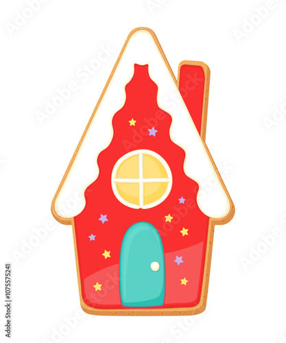 Christmas sugar cookie cute gingerbread house. Cartoon vector illustration single cookie shortbread with frosting. Sweet shortcake object gingerbread house icon. Winter holiday design element.