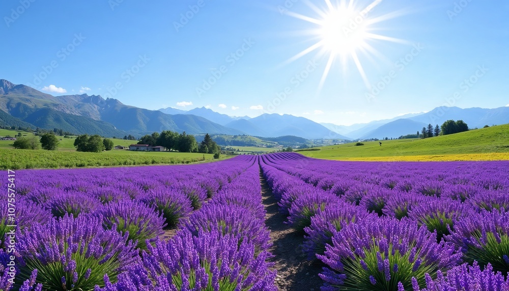 Long lavender field, endless purple landscape, serene rural scenery Long lavender field, endless purple landscape, serene rural scenery