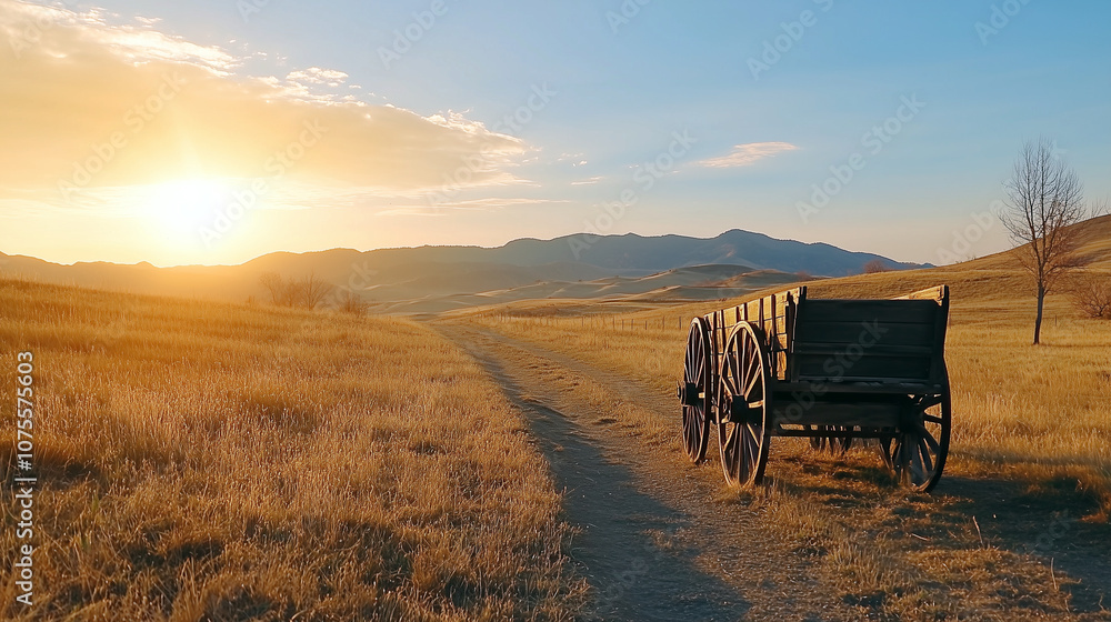 Fototapeta premium Old Wooden Wagon in Rustic Landscape at Sunset