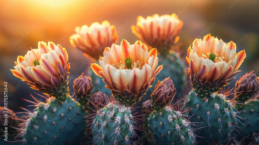 Cactus blooms under a vibrant sunset in a desert landscape Cactus blooms under a vibrant sunset in a desert landscape