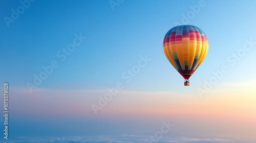 Hot Air Balloon Flying Over Clouds in Bright Blue Sky photo