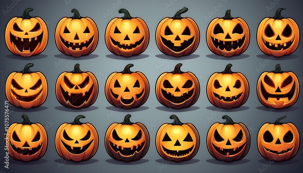 Spooky jack o lantern icons with creepy and scary expressions, perfect for October parties _1(1692) Spooky jack o lantern icons with creepy and scary expressions, perfect for October parties _1(1692)