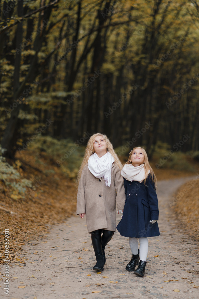 Fototapeta premium two girls with fair hair take a walk in the autumn park