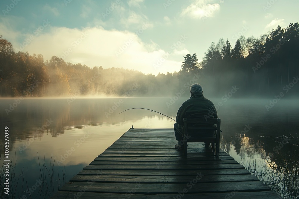 Senior man fishing at a peaceful lake at sunrise, sitting on a wooden dock, holding a fishing rod, surrounded by still water and fog Senior man fishing at a peaceful lake at sunrise, sitting on a wooden dock, holding a fishing rod, surrounded by still water and fog
