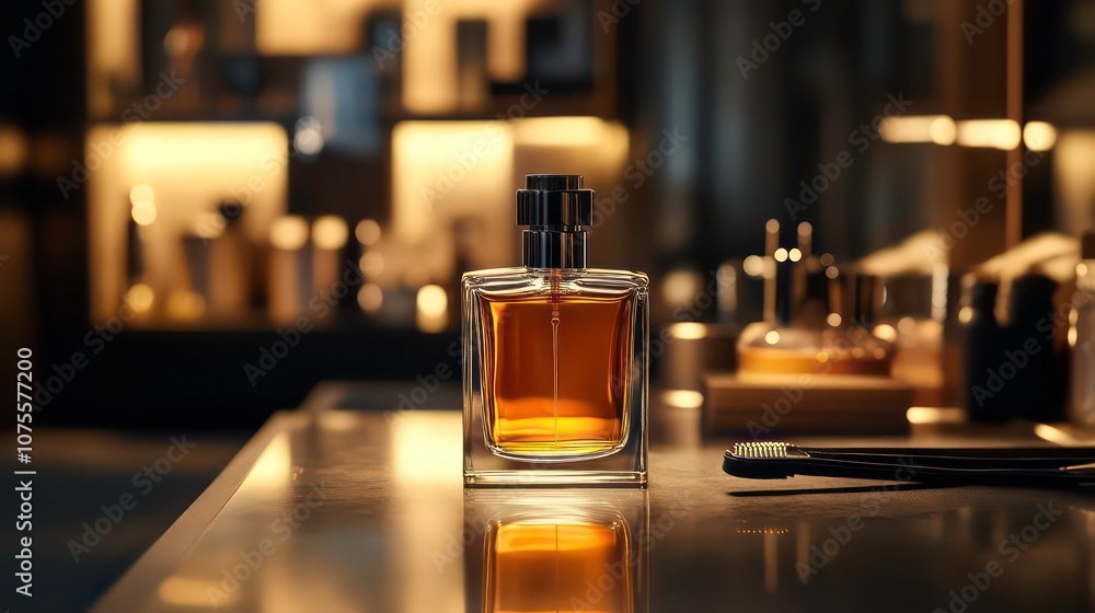 An elegant aftershave bottle gleams on a sleek vanity, softly illuminated amidst a backdrop of grooming tools. An elegant aftershave bottle gleams on a sleek vanity, softly illuminated amidst a backdrop of grooming tools.