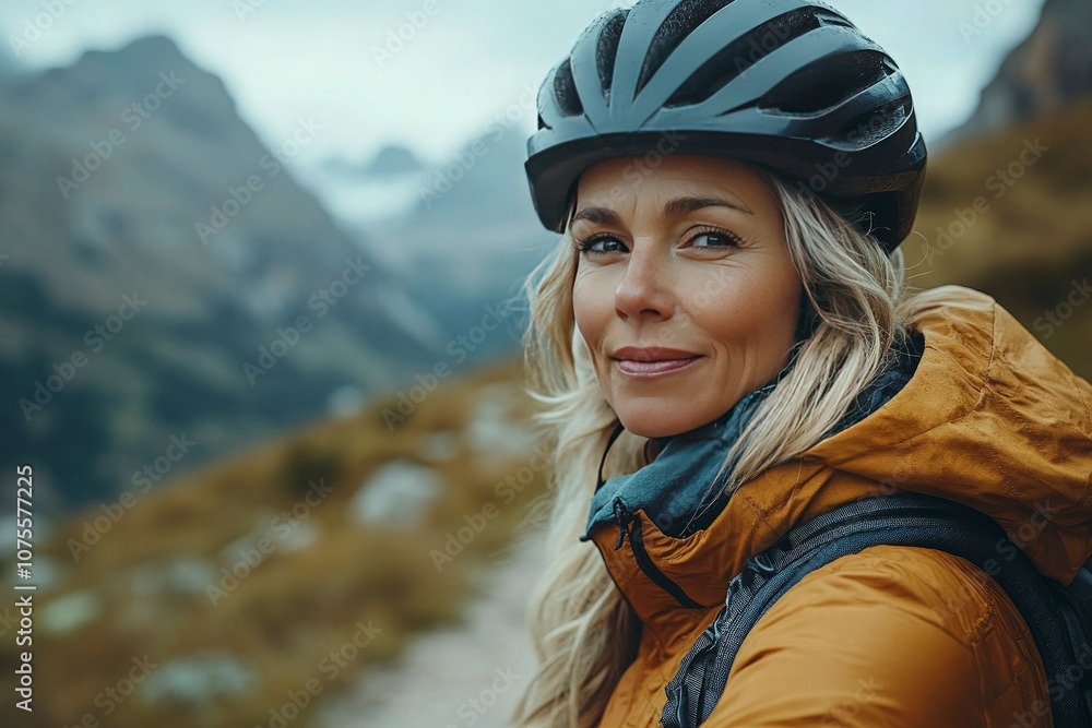 Senior woman cycling on a mountain trail, wearing a helmet and athletic gear, enjoying the fresh breeze, surrounded by stunning views Senior woman cycling on a mountain trail, wearing a helmet and athletic gear, enjoying the fresh breeze, surrounded by stunning views