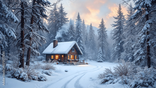 Cozy cabin with a warm glow in a snowy forest setting