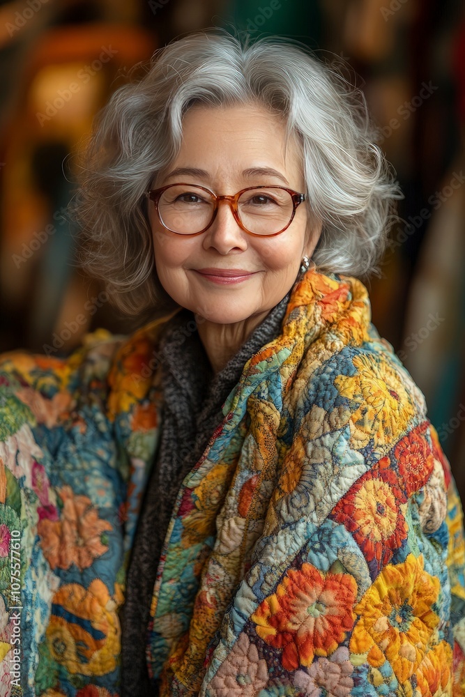 Senior woman working on a handmade quilt, surrounded by pieces of fabric, a warm smile, carefully sewing each part with precision Senior woman working on a handmade quilt, surrounded by pieces of fabric, a warm smile, carefully sewing each part with precision