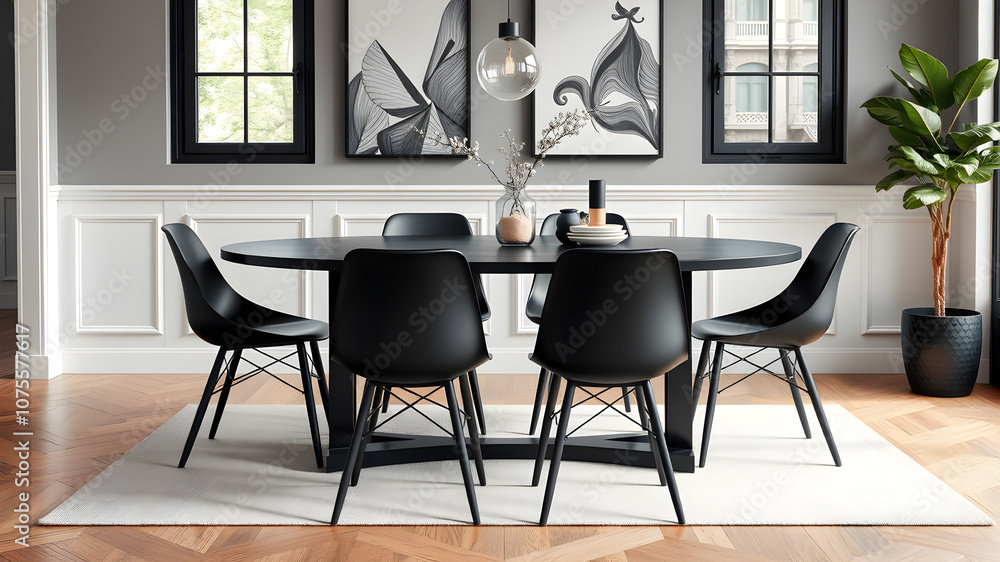 Fototapeta premium A modern dining space with an oval black wooden table and matching black chairs. Generative AI