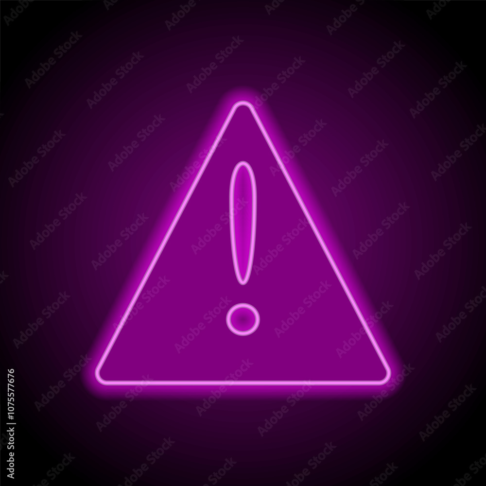 Warning triangle simple icon. Flat design. Purple neon on black background Warning triangle simple icon. Flat design. Purple neon on black background